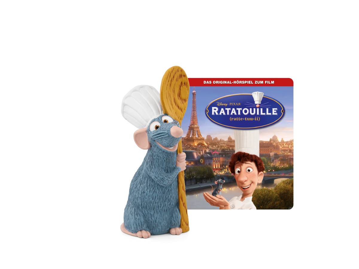 Ratatouille-Coverart zeigt die blaue Ratten-Köchin Remy mit einem Holzkochlöffel vor dem Filmtitel und einer Paris-/Eiffelturm-Kulisse.
