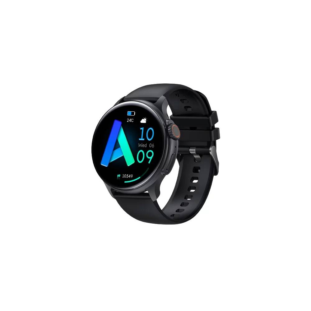 Schwarze runde Smartwatch mit Silikonarmband, zeigt ein digitales Zifferblatt mit der Uhrzeit 10:09 und kleinen Wetter-/Datumssymbolen auf weißem Hintergrund.