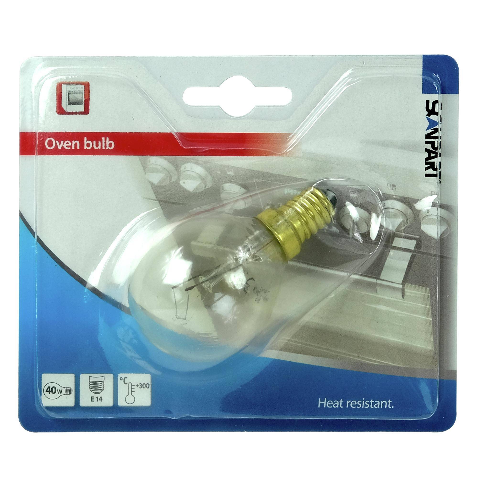 Verpackung einer 40W hitzebeständigen Ofenglühbirne mit E14-Sockel in transparenter Blisterverpackung.