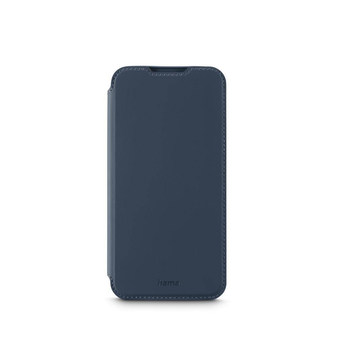 Dunkelblaue Smartphone-Klapphülle mit genähten Kanten, geschlossen auf weißem Hintergrund gezeigt.