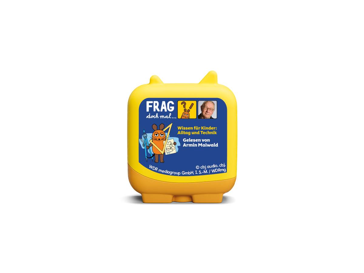 Gelber Kunststoff-Audiobook-Player mit der Aufschrift „FRAG doch mal ... Wissen für Kinder: Alltag und Technik