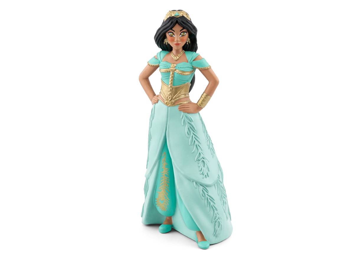 Eine Prinzessin-Jasmine-Figur in einem türkis- und goldfarbenen Outfit, stehend mit den Händen in den Hüften vor einem schwarzen Hintergrund.