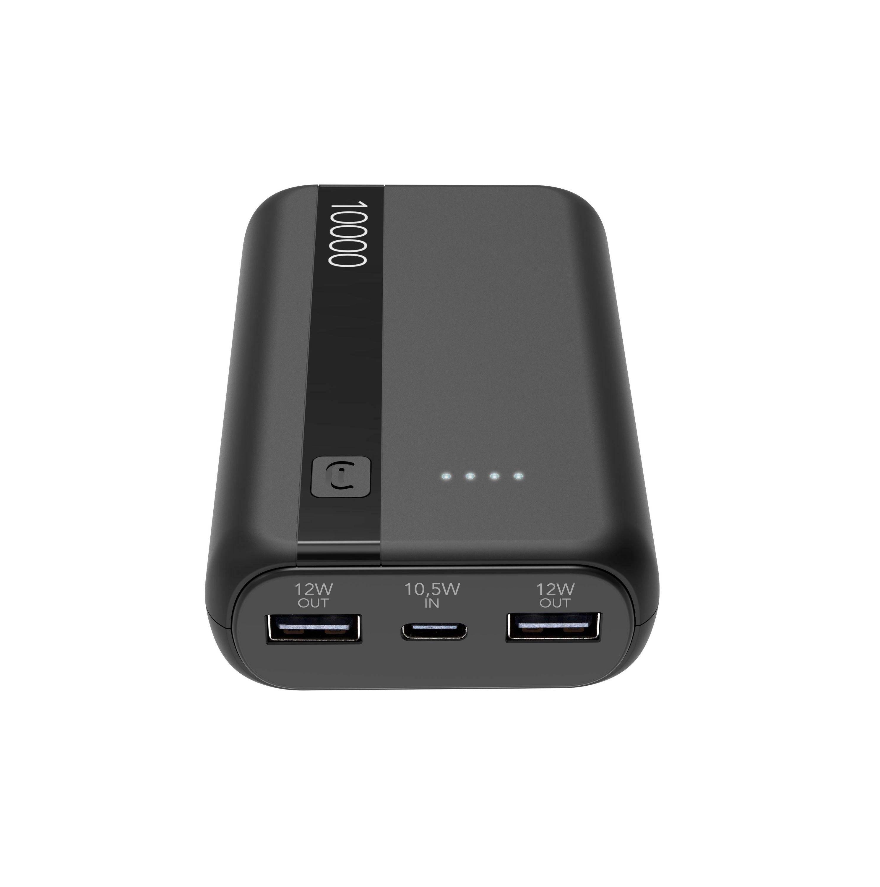 Schwarze 10000-mAh-Powerbank mit vier Ladeanzeigeleuchten und drei Anschlüssen mit den Bezeichnungen 12W Ausgang, 10,5W Eingang und 12W Ausgang.