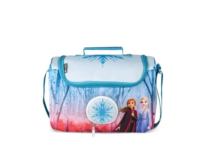 Disney Frozen Kinder-Lunchbag mit blauem Griff, Schultergurt und Anna- und Elsa-Druck auf weißem Hintergrund.