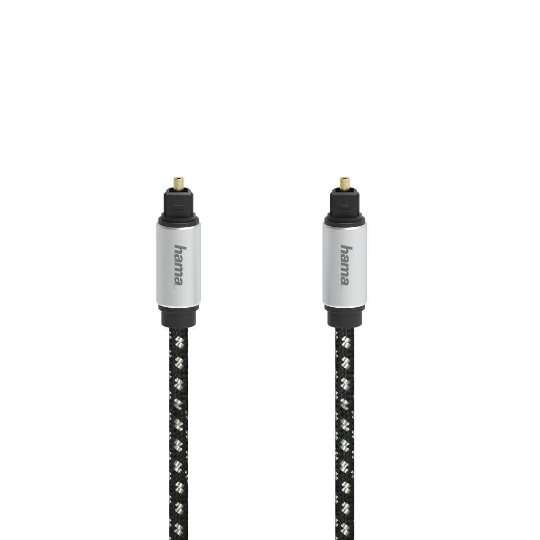 Zwei aufrecht auf weißem Hintergrund dargestellte optische Audiokabel der Marke Hama.
