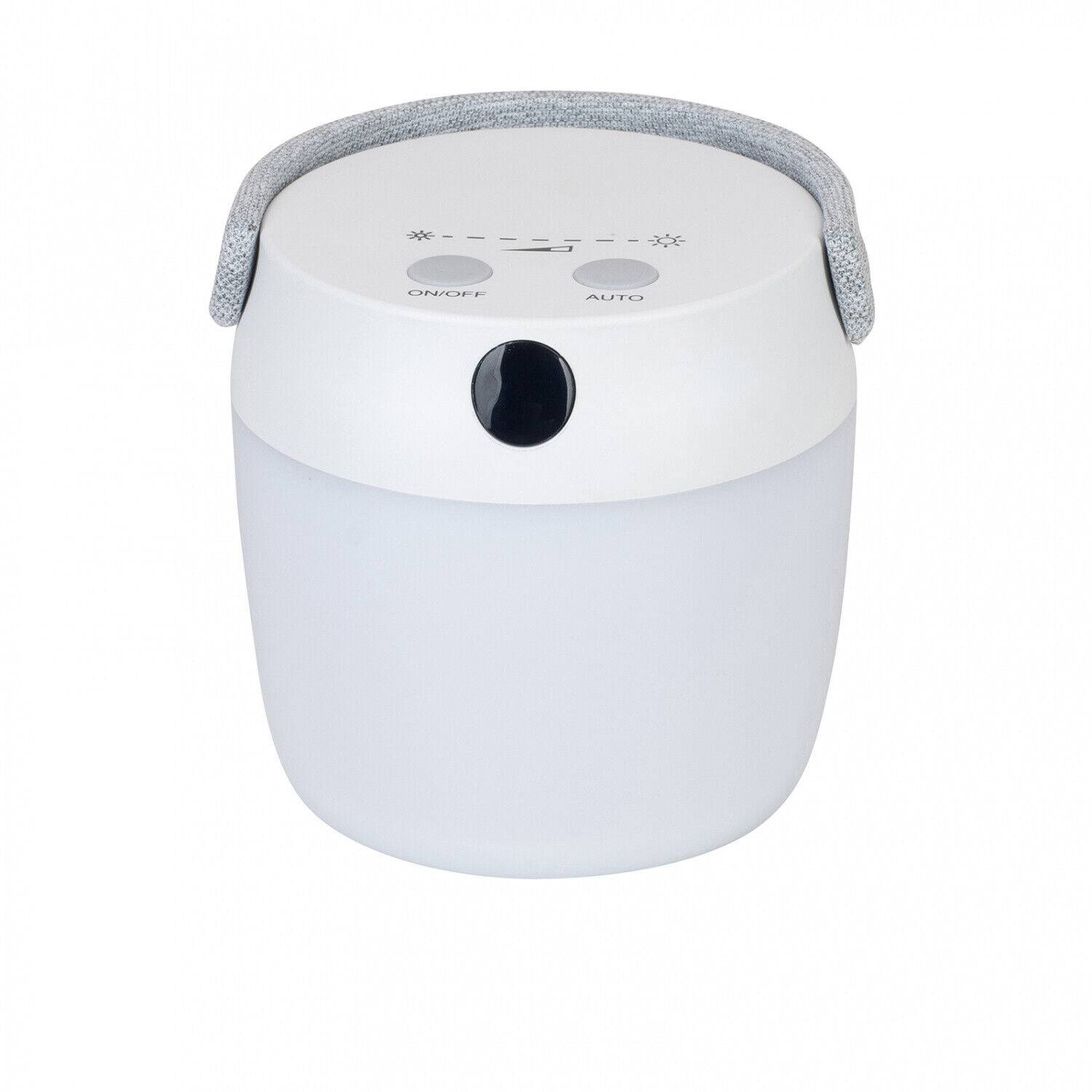 Weiße tragbare Laterne oder Lampe mit grauem Tragegriff und schwarzem Frontsensor, vor einfachem Hintergrund dargestellt.