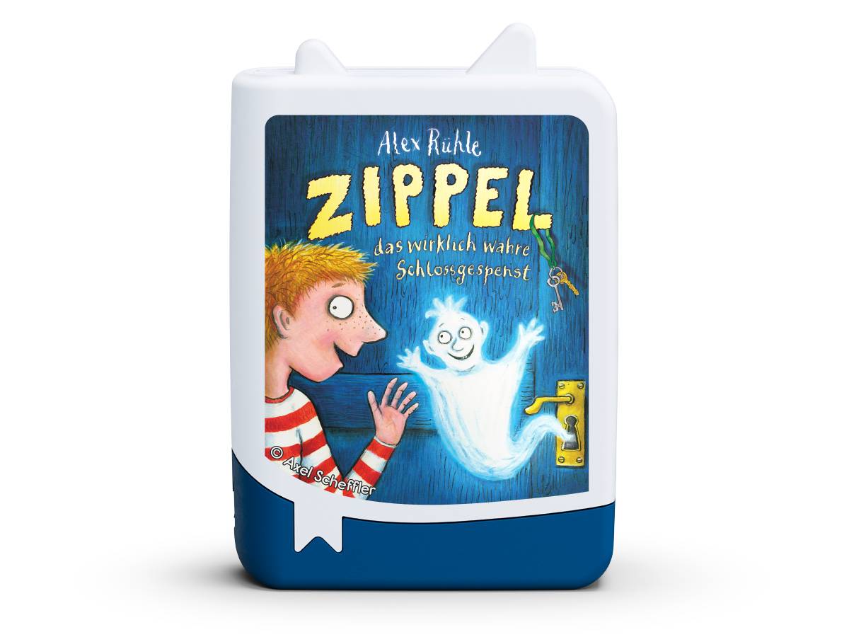 Illustriertes Kinderbuch-Cover, das einen Jungen zeigt, der einem freundlichen Gespenst gegenübersteht; der Titel lautet „ZIPPEL. das wirklich wahre Schlossgespenst