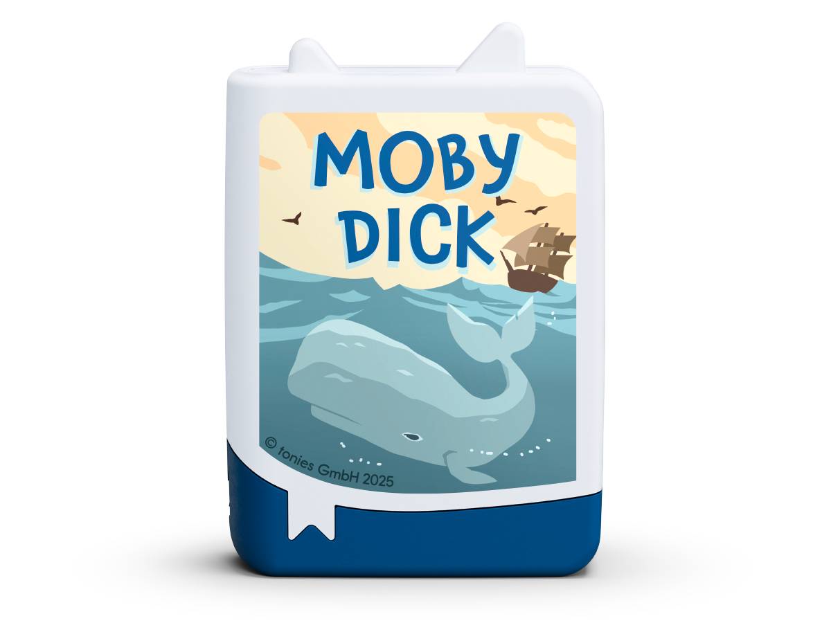 Buchförmiger weiß-blauer Behälter mit der Aufschrift „MOBY DICK