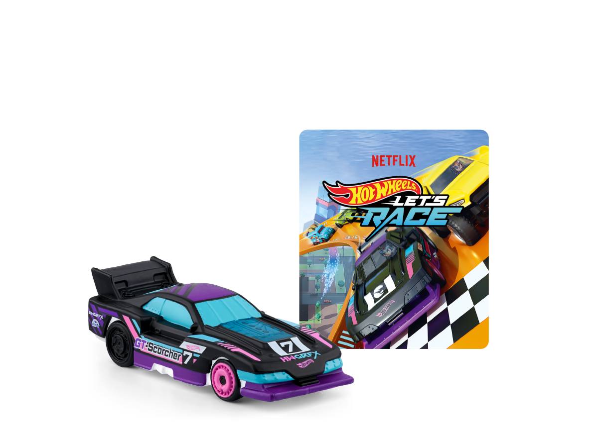 Hot Wheels Spielzeug-Rennwagen in Schwarz, Lila und Türkis neben einer Netflix 'Let's Race' Spielkarte oder Poster.