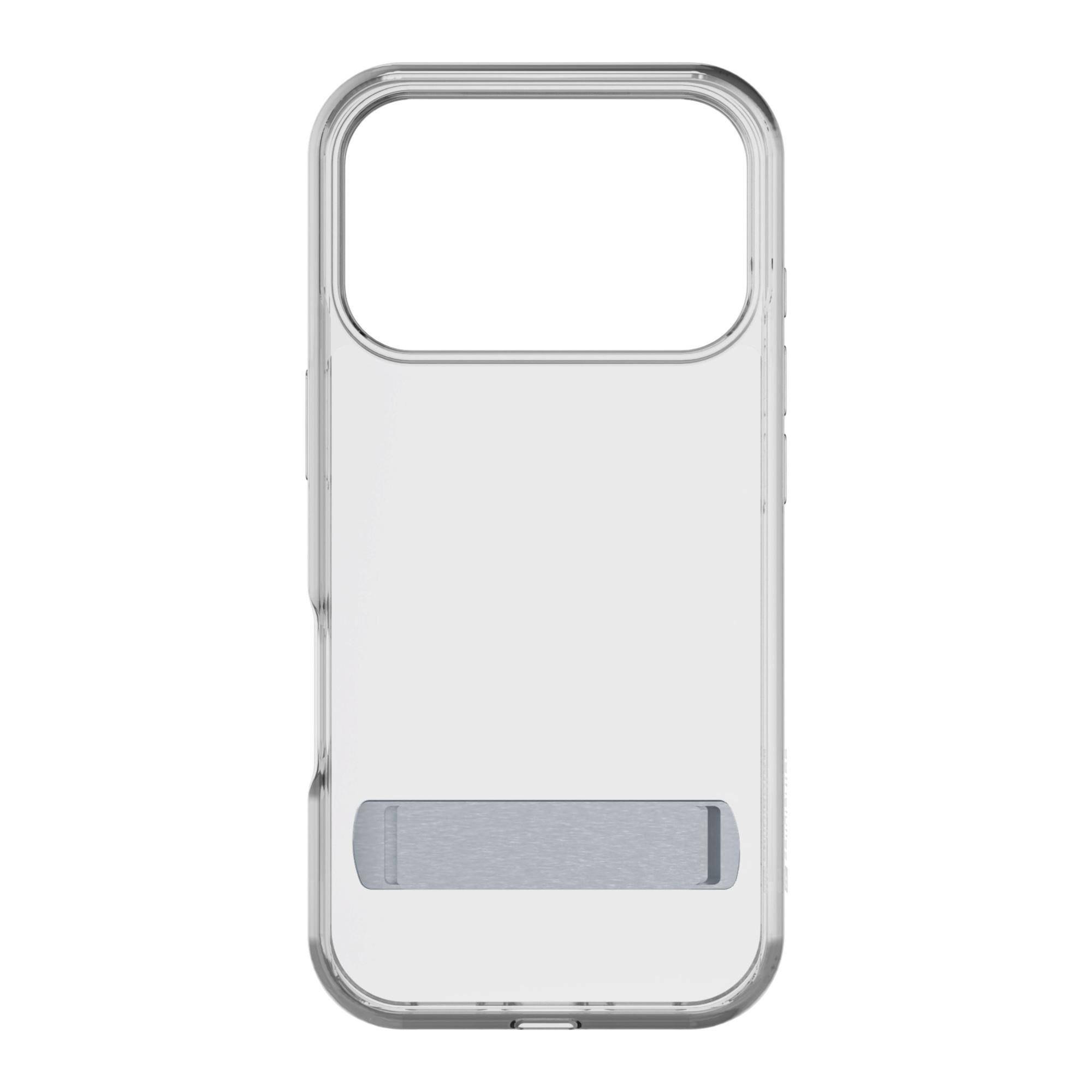 Transparentes Smartphone-Schutzhülle mit großem Kameraausschnitt und grauem Griffbereich oder Riemenfeld an der Unterseite.