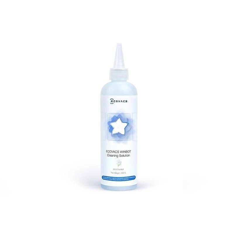 Flasche mit ECOVACS WINBOT Reinigungslösung mit blauem Sternenetikett auf weißem Hintergrund.