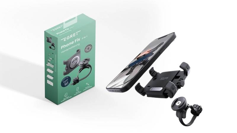 Kit zur Telefonhalterung in Verpackung mit einem Autobelüftungshalter und einem kleineren aufklappbaren Zubehör, das neben einem Smartphone und einer Produktbox mit der Aufschrift „EGRET Phone Fix