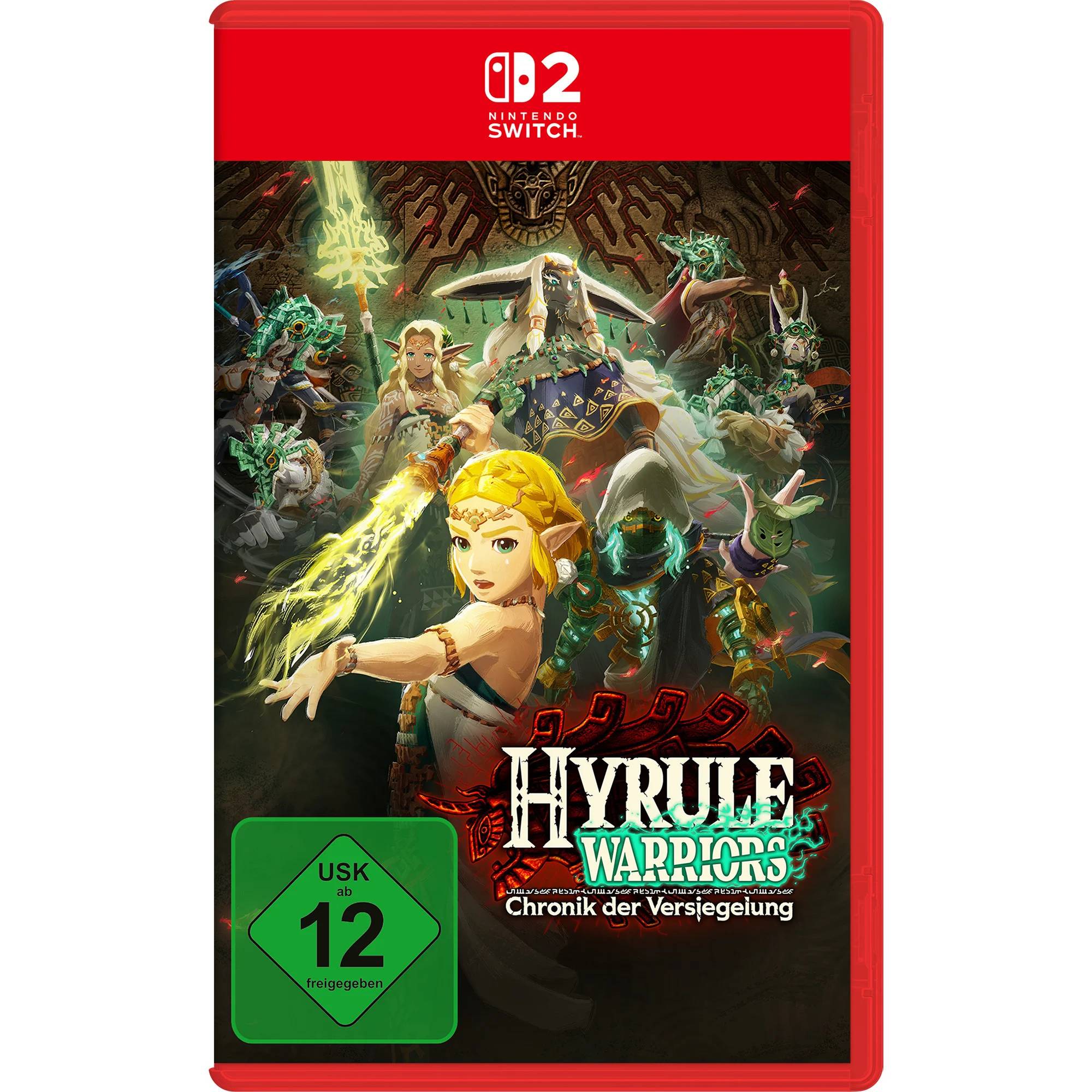 Nintendo Switch-Spielabdeckung für Hyrule Warriors: Chronik der Versiegelung, zeigt Zelda und andere Charaktere im Kampf, mit USK-12-Bewertung.