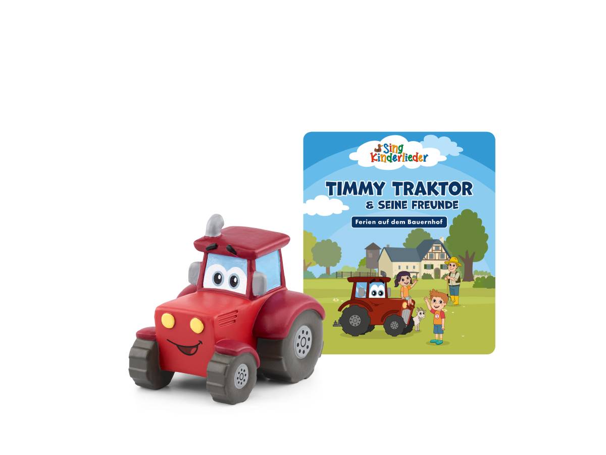 Rotes Spielzeugtraktor mit lachendem Gesicht vor einem Kinderbuchcover mit dem Titel „Timmy Traktor & seine Freunde