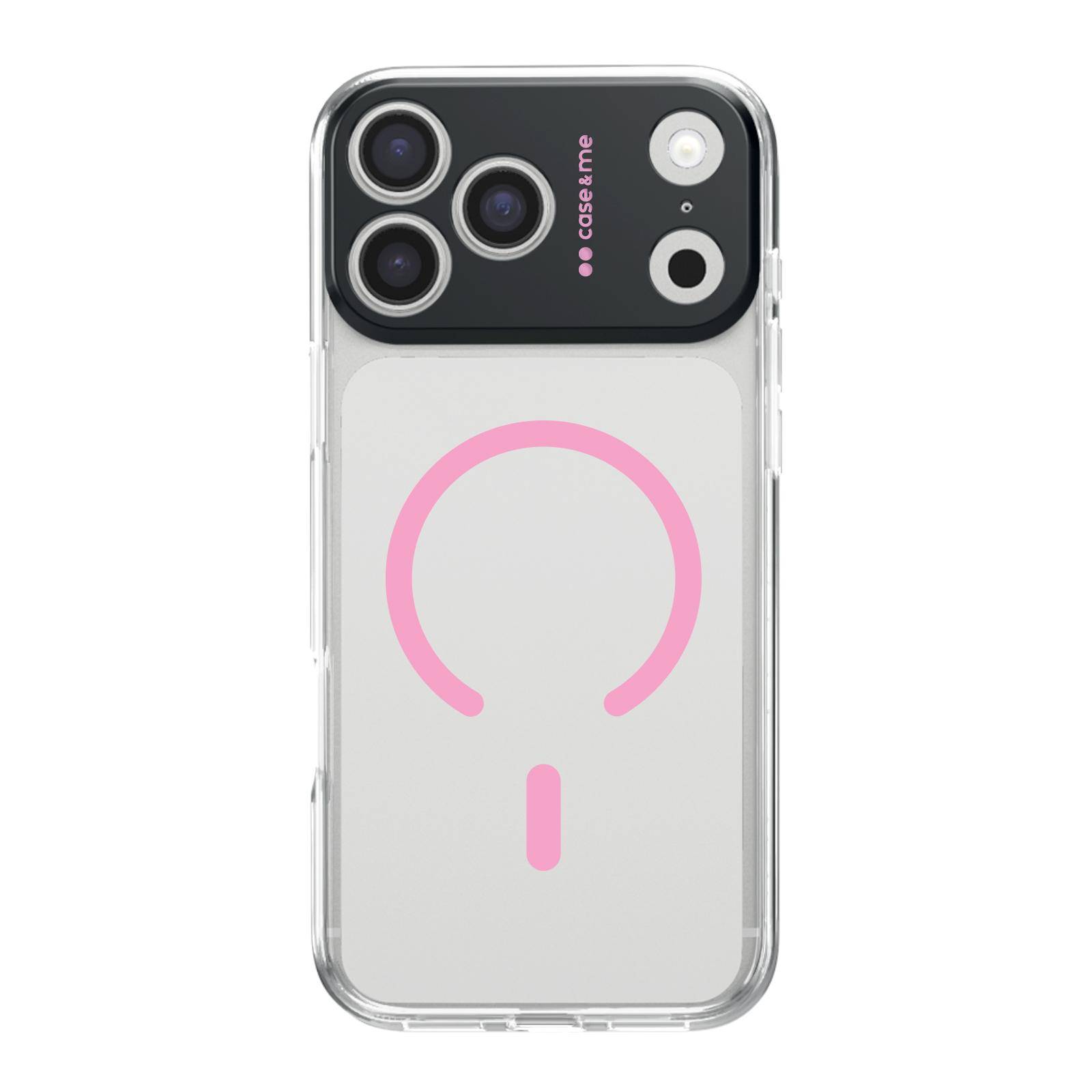 Transparente Handyhülle mit großem rosa Fragezeichen-Design und schwarzem Kameraausschnitt für ein Smartphone.