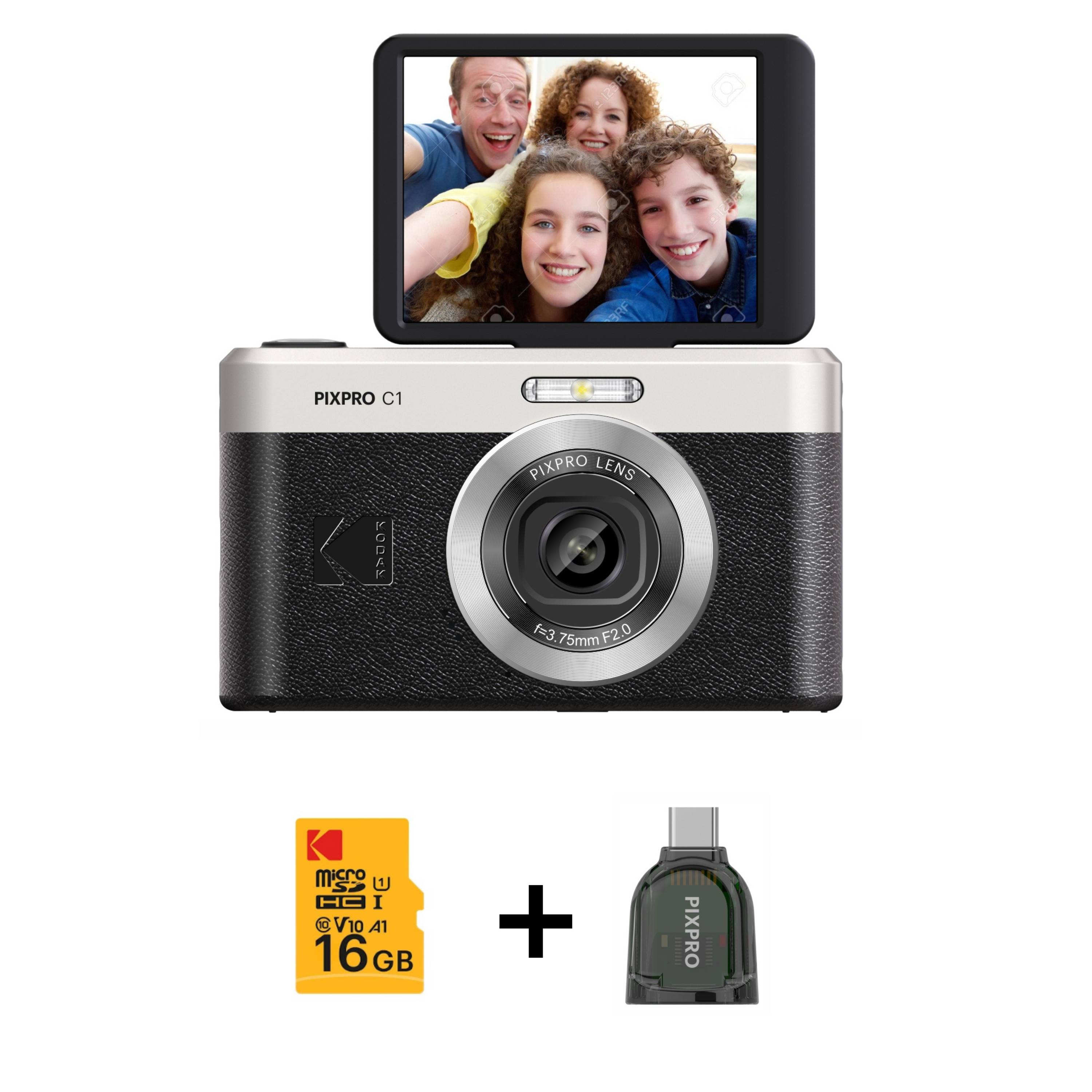 PIXPRO C1 Kamera mit ausklappbarem Bildschirm, auf dem ein Familien-Selfie zu sehen ist; einschließlich 16-GB-microSD-Karte und USB-Adapter.