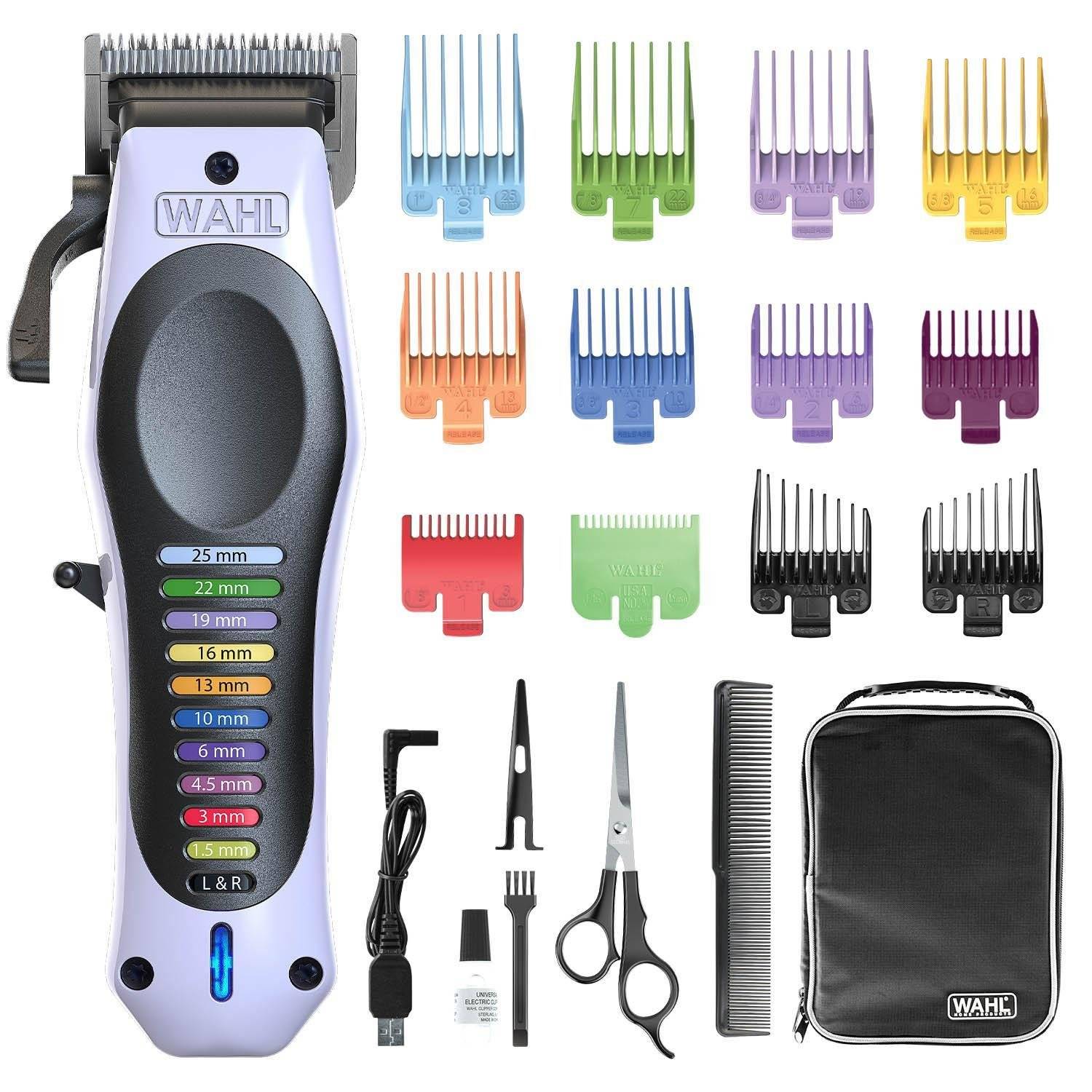 WAHL Haarschneidemaschinen-Set mit mehrfarbigen Führungskämmen, Schere, Kamm, Ladekabel, Öl, Bürste und Reißverschlusstasche zur Aufbewahrung.