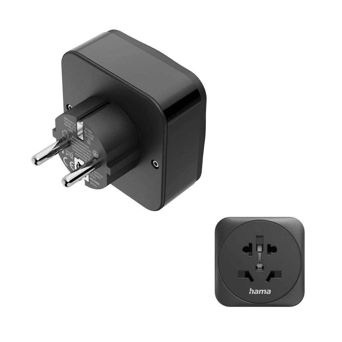 Schwarzer universeller Reisestecker mit EU-Zweipolstecker und vorderer Buchse mit der Bezeichnung hama.
