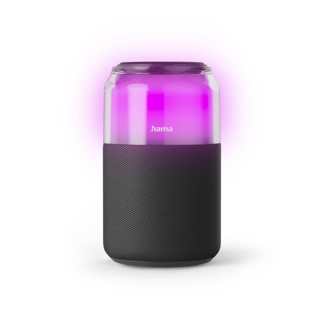 Tragbarer schwarzer Hama-Lautsprecher mit glühendem violettem Licht in einem transparenten oberen Bereich, gezeigt auf weißem Hintergrund.