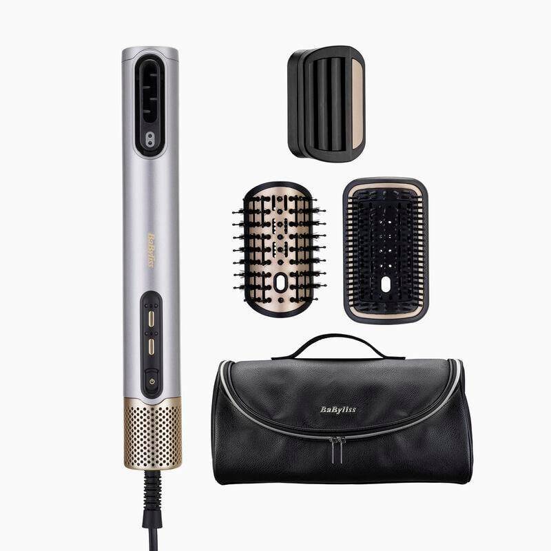 Babyliss Haarstyling-Bürsteset mit beheiztem Bürstengriff, zwei austauschbaren Aufsatzköpfen, Reinigungswerkzeug und schwarzer Transporttasche.