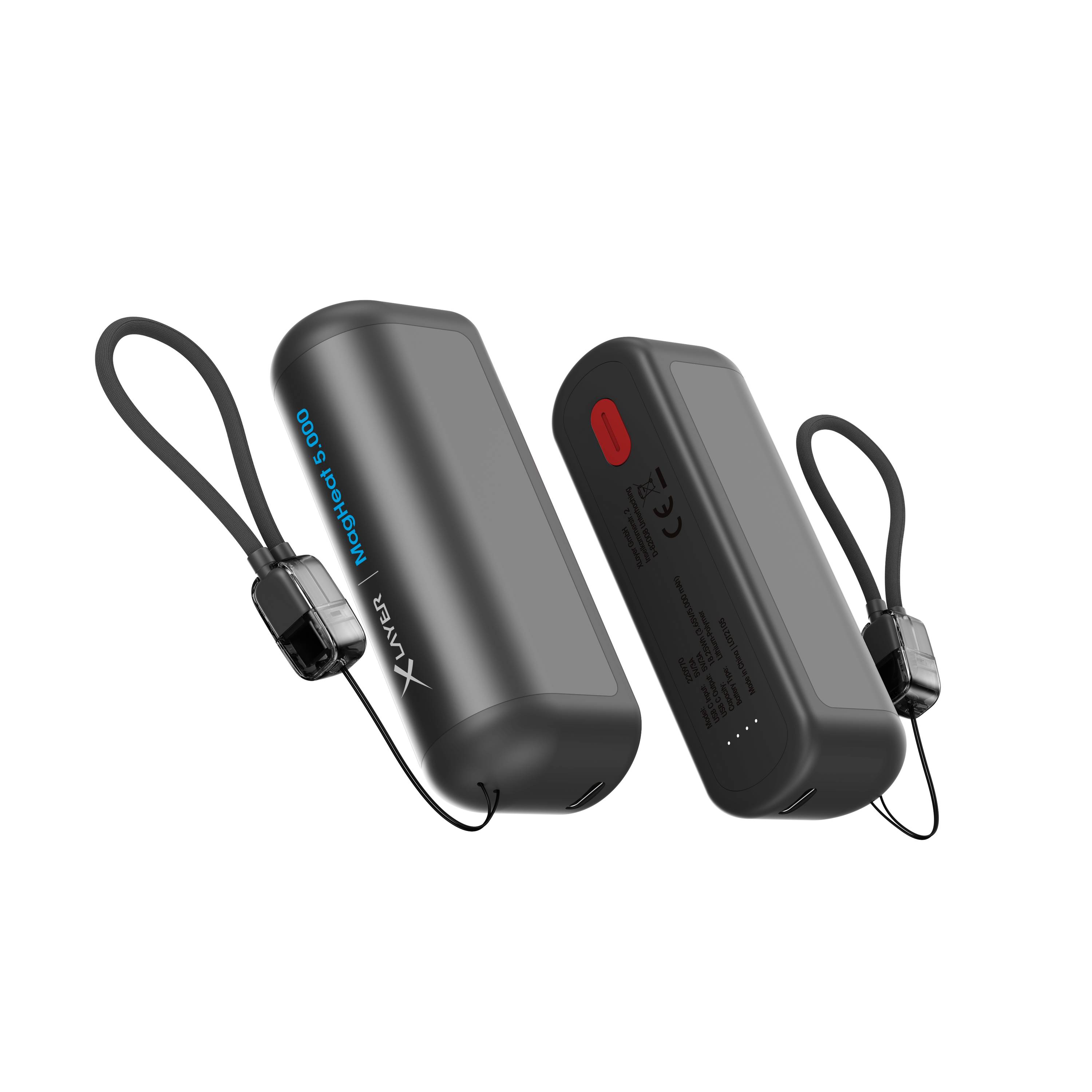 Zwei Ansichten einer grauen tragbaren Powerbank mit Handschlaufe, die Vorder- und Rückseite auf schwarzem Hintergrund zeigen.