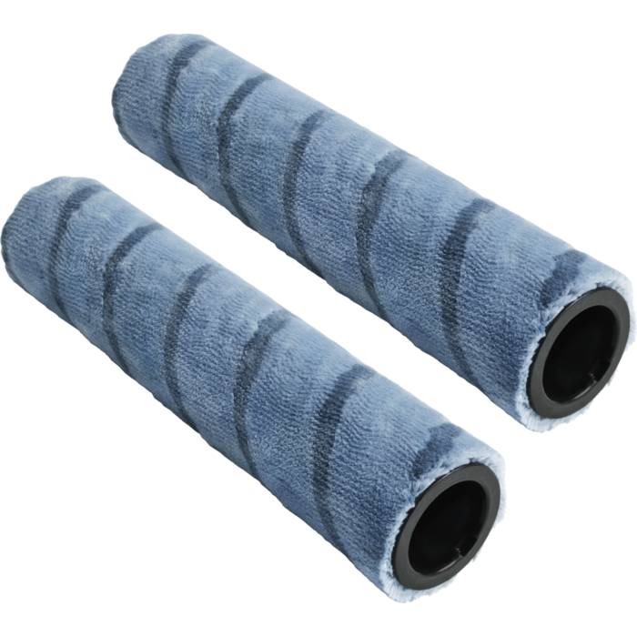 Zwei blaue Mikrofaser-Walzen in Zylinderform mit dunklen Kunststoffenden auf schwarzem Hintergrund.