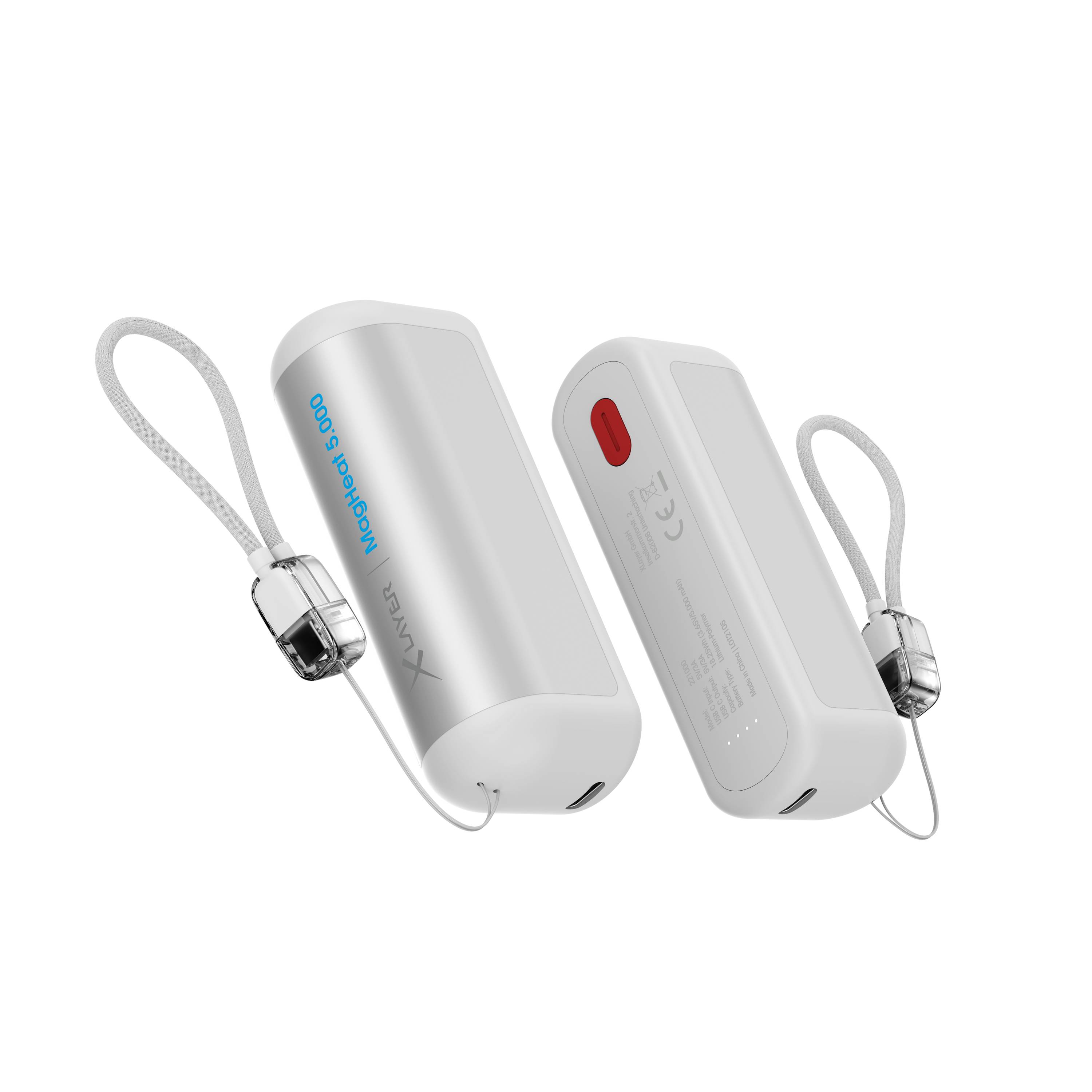 Zwei weiße tragbare Powerbanks, von vorne und von hinten gezeigt, jeweils mit einer Schlaufe zum Umhängen am Handgelenk, auf schwarzem Hintergrund.