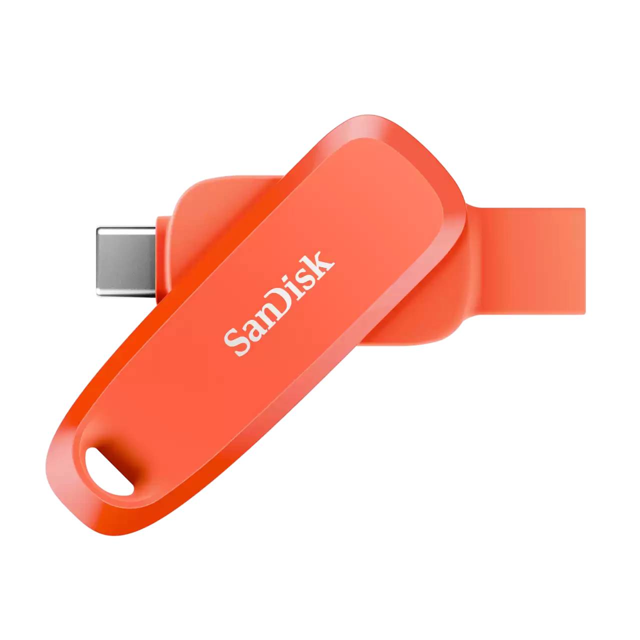 Orange SanDisk USB-Stick mit USB-C-Anschluss und Kappe, gezeigt auf schwarzem Hintergrund.