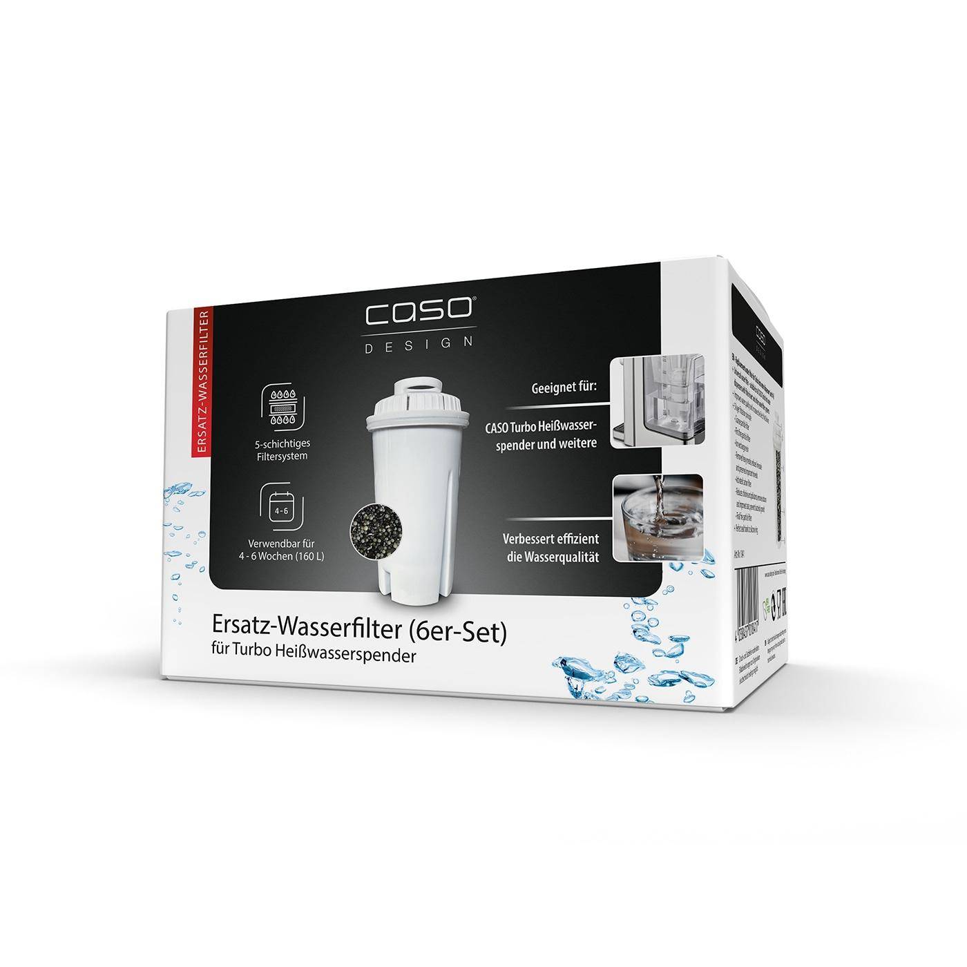 Kasten mit CASO Design Ersatzwasserfiltern für Turbo-Heißwasserspender, 6er-Pack, mit Produktbild und deutscher Kennzeichnung.