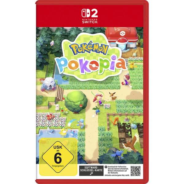Nintendo Switch Spielverpackung für Pokémon Pokopia, die eine farbenfrohe Pokémon-Bauernhof-ähnliche Landschaft mit dem Titel-Logo und einem USK-6-Altersfreigabe-Abzeichen zeigt.