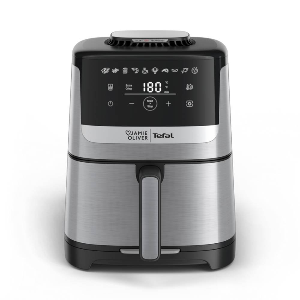 Silberner Tefal Jamie Oliver Heißluftfrittöse mit digitalen Touch-Bedienelementen, die 180° anzeigen, vorderer Griff, auf schwarzem Hintergrund.