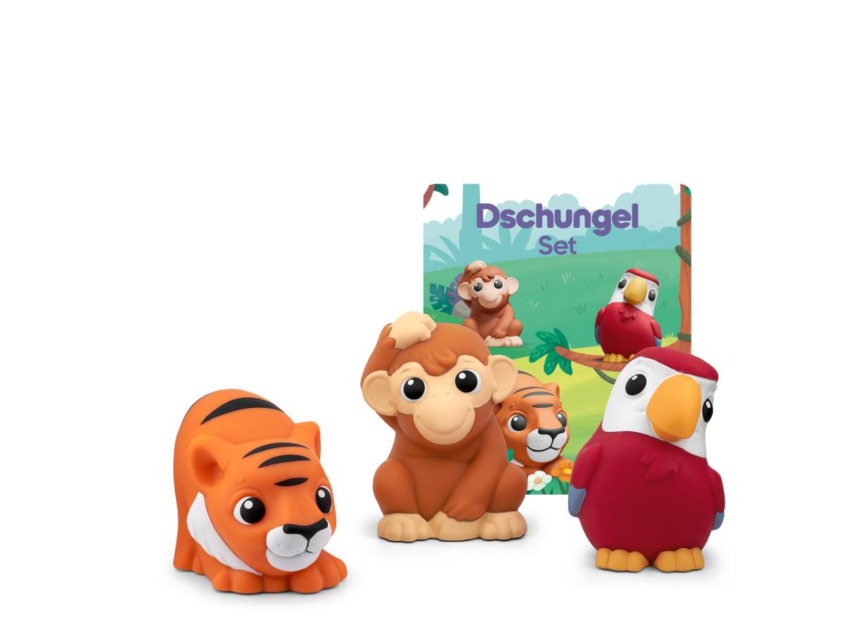Fünf Dschungel-Tierfiguren zum Spielen, darunter ein Tiger, ein Affe, ein Papagei und eine Eule, ausgestellt vor einer Schachtel mit der Aufschrift „Dschungel Set
