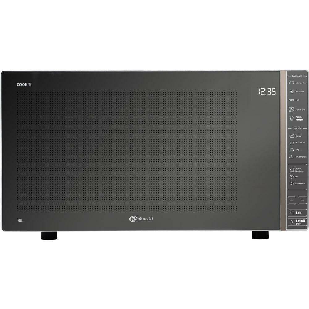 Schwarzer Bauknecht-Mikrowellenherd mit digitaler Uhr, vorderer Grillblende und Touchsteuerungstasten auf der rechten Seite.