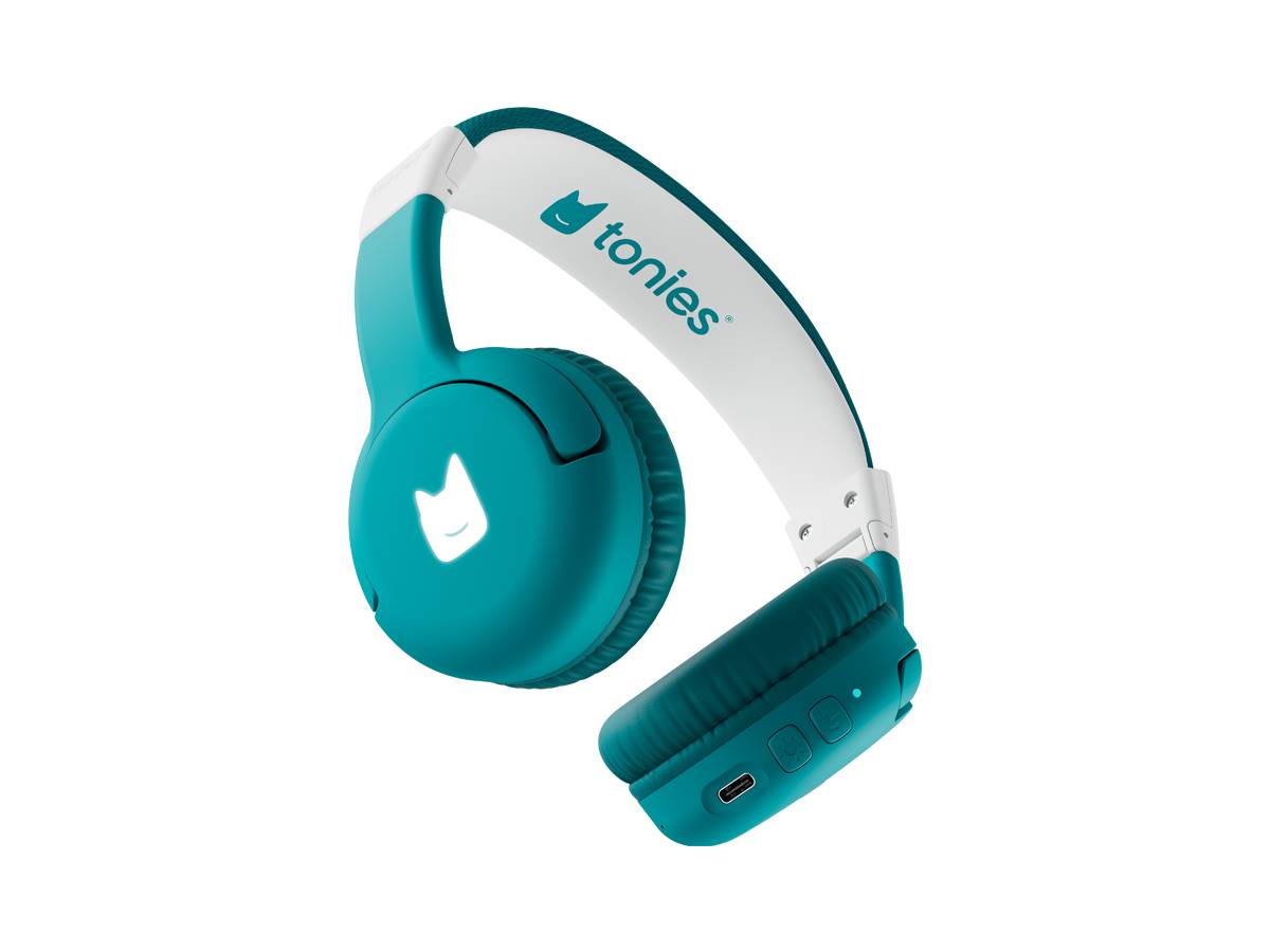Teal und weiße Tonies Over-Ear-Kopfhörer auf schwarzem Hintergrund, mit dem 
