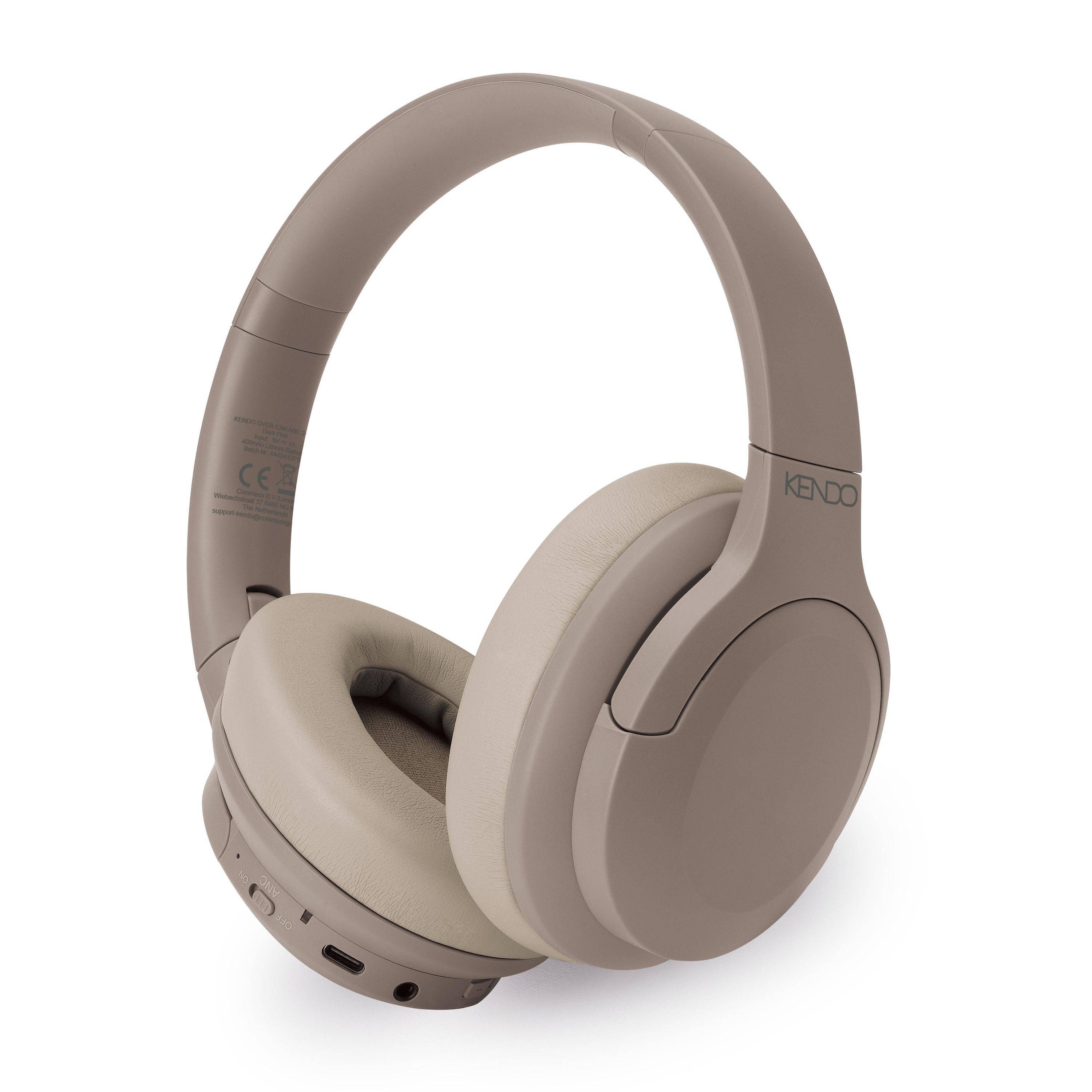 Beige Over-Ear-Kopfhörer mit Wireless-Funktion, gepolsterter Kopfbügel und Ohrmuscheln, isoliert auf weißem Hintergrund dargestellt.