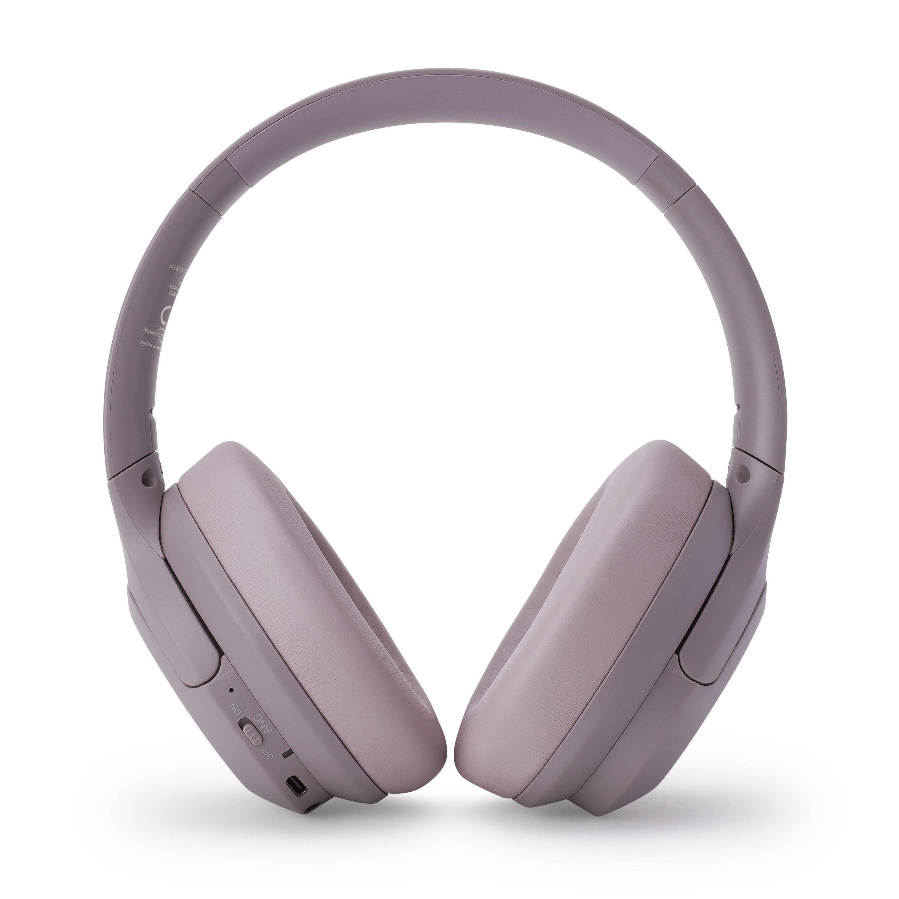 Kabellose Over-Ear-Kopfhörer in Lavendelfarbe mit gepolsterten Ohrmuscheln und Kopfband, Vorderansicht auf weißem Hintergrund.