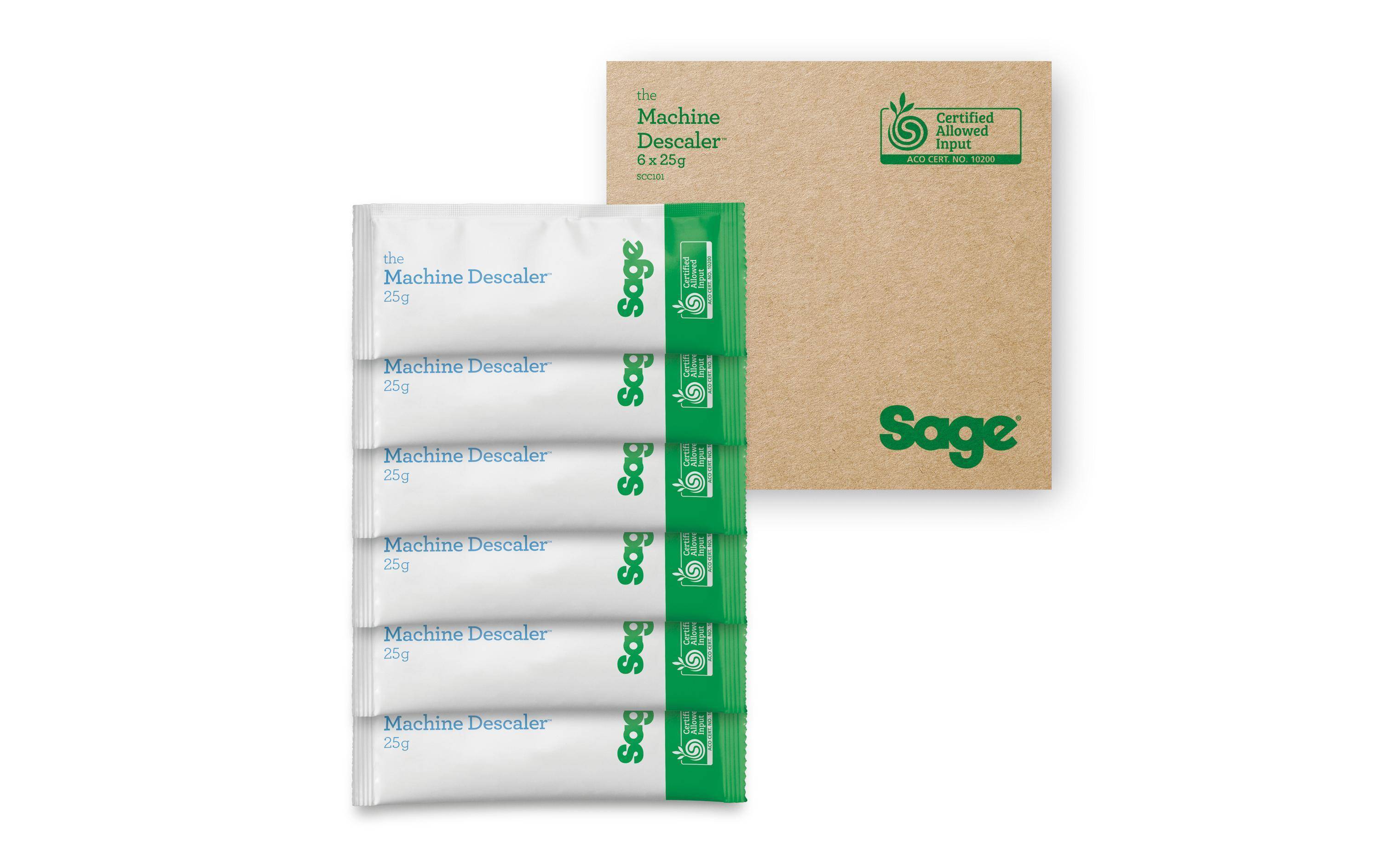 Sechs Sage Machine Descaler Sachets neben einer braunen Sage Box auf weißem Hintergrund.