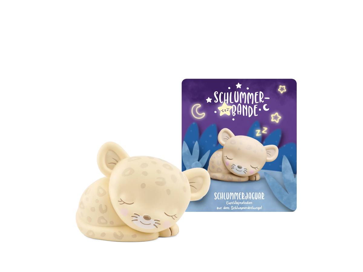 Cremefarbene schlafende Mausfigur vor einer violetten 