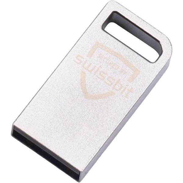 Kleiner silberner USB-Stick mit rechteckiger schwarzer Aussparung an einem Ende, auf weißem Hintergrund dargestellt.
