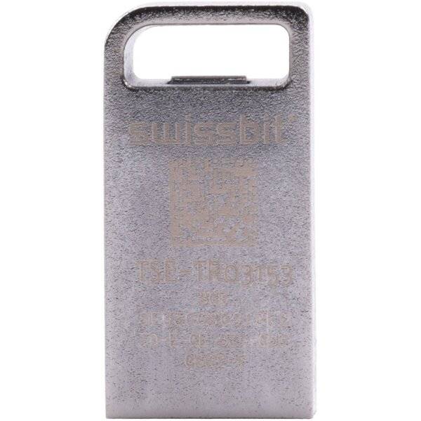 Ein silberner Metall-USB-Stick mit rechteckigem Gehäuse und abgerundeter Grifföffnung, Vorderansicht auf weißem Hintergrund dargestellt.