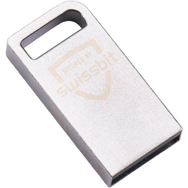 Silberner USB-Stick mit rechteckiger Schlüssellochöffnung, auf weißem Hintergrund dargestellt.