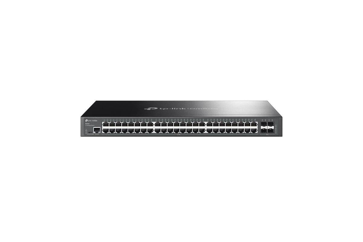 Vorderansicht eines 48-Port-Ethernet-Netzwerk-Schalters mit zwei zusätzlichen Uplink-Ports auf einem einfachen weißen Hintergrund.
