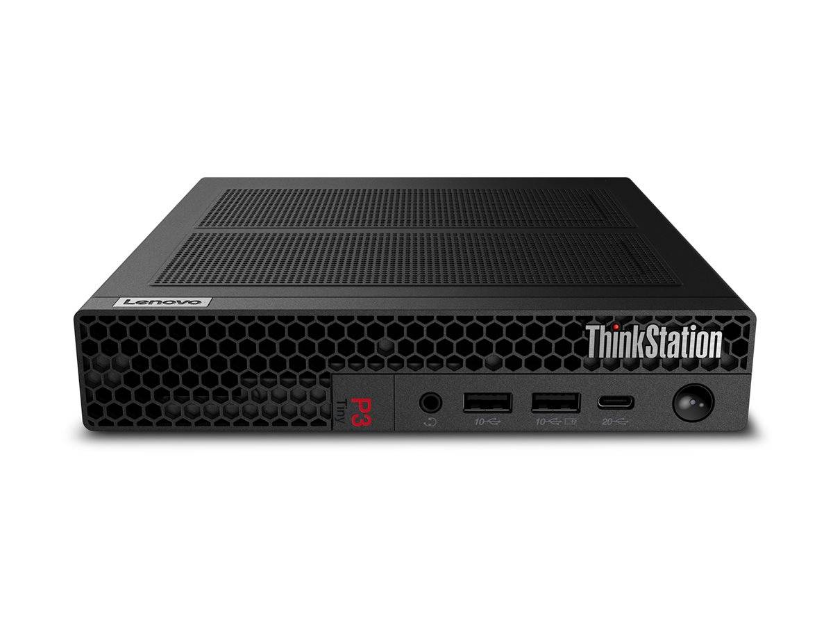 Schwarze Lenovo ThinkStation P3 kompakte Desktop-Workstation in Vorderansicht mit Belüftungsgitter, Anschlüssen und Stromschalter.