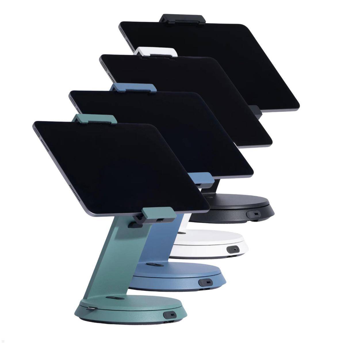 Stapel von vier Tabletständern in verschiedenen Farben, die schwarze Tablets auf weißem Hintergrund halten und verstellbare Anzeigehalter zeigen.