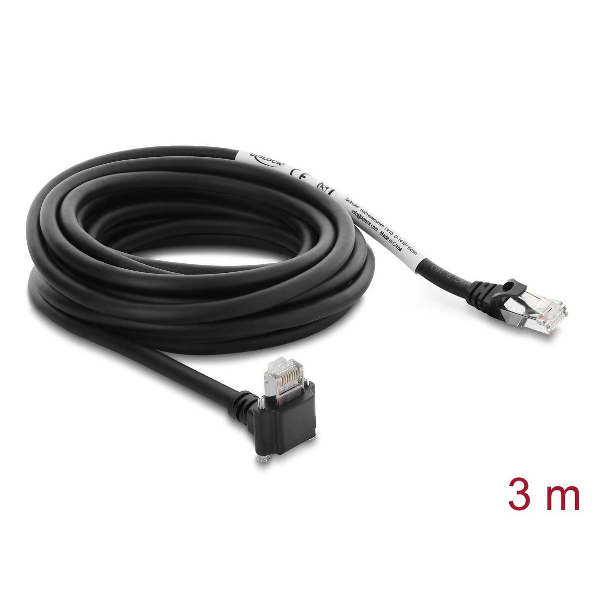 Aufgerolltes schwarzes Ethernet-Kabel mit RJ45-Steckern, beschriftet 3 m.