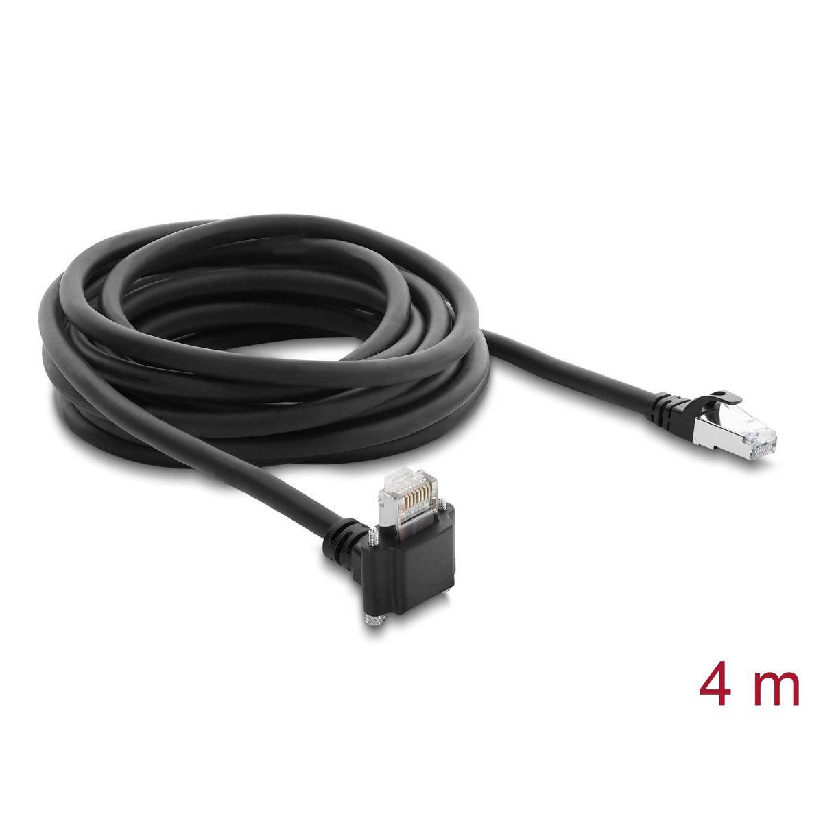 Aufgerolltes schwarzes Ethernet-Kabel mit RJ45-Steckern, auf weißem Hintergrund abgebildet, mit der Beschriftung 4 m.