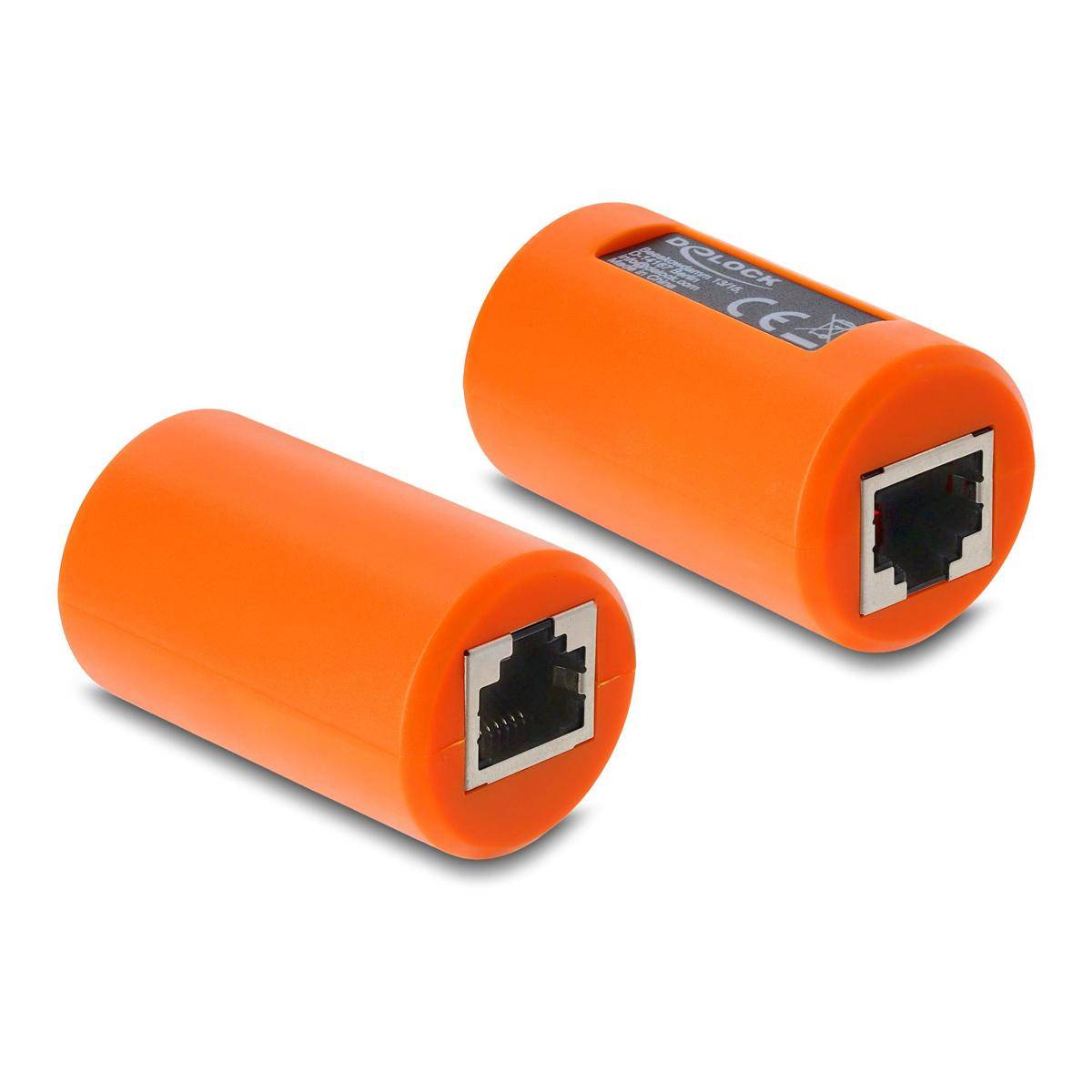 Zwei orange zylindrische Ethernet-Kupplungen mit RJ45-Anschlüssen, auf weißem Hintergrund gezeigt.