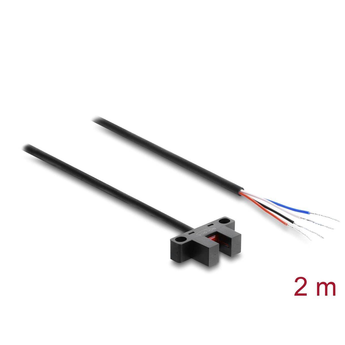 Schwarzer U-förmiger fotoelektrischer Sensor mit angeschlossenem Kabel, dargestellt mit freiliegenden Drahtenden und gekennzeichnet mit „2 m