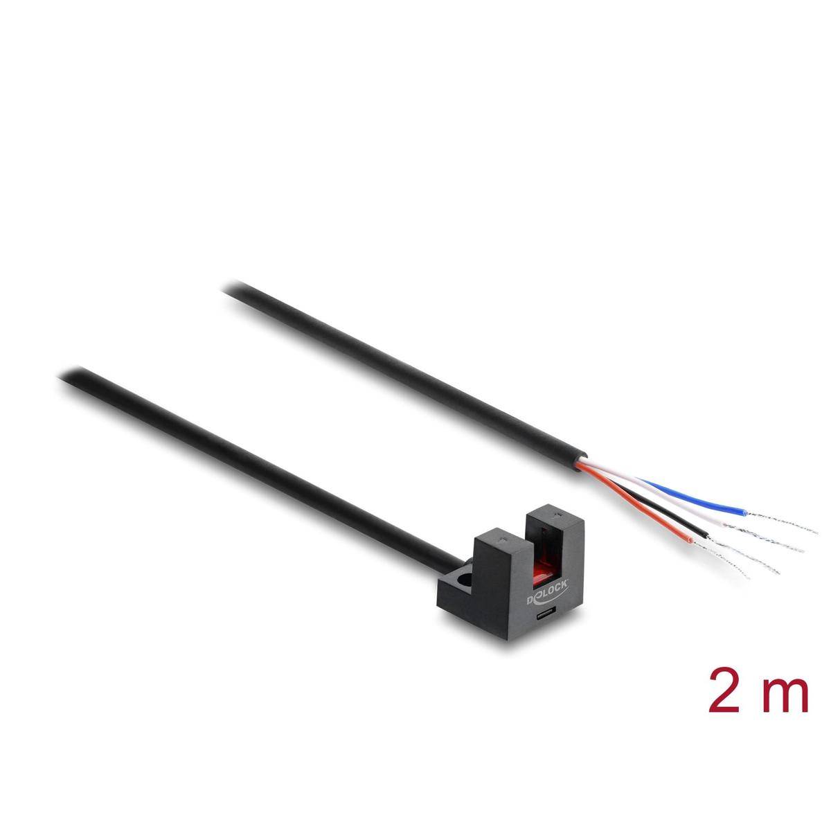 Foto eines schwarzen fotoelektrischen Schlitzsensors mit zwei Kabeln, das freiliegende rote, blaue, weiße und schwarze Drähte und eine Textangabe von 