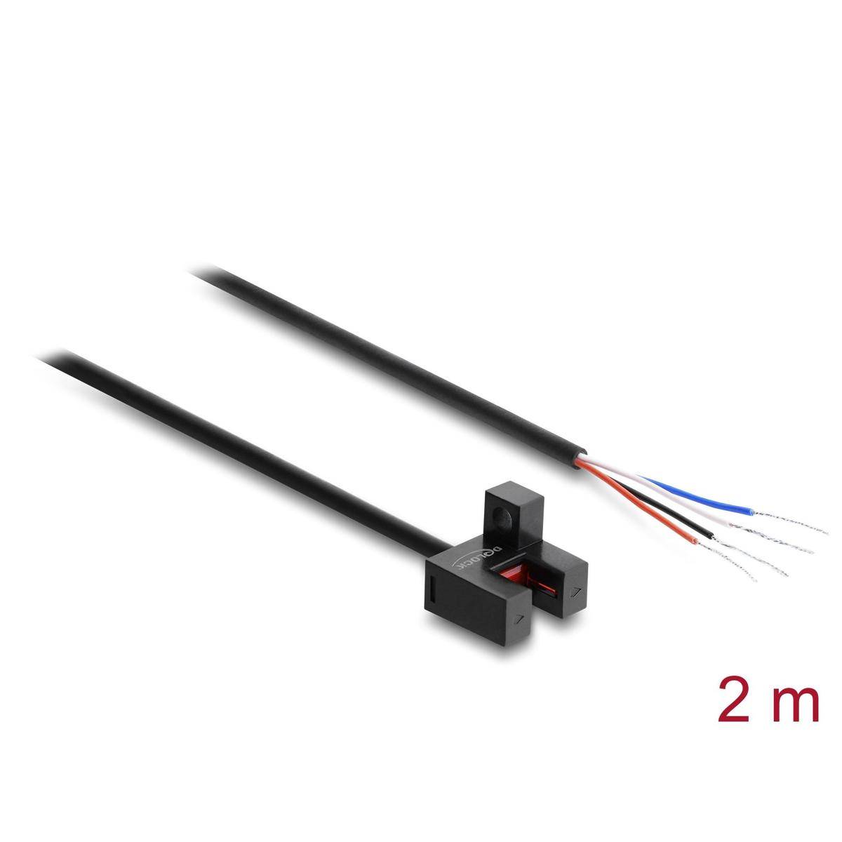 Schwarzes 2 m Kabel mit einem Sensor im Klemmstil und freiliegenden roten, blauen, weißen und schwarzen Drähten